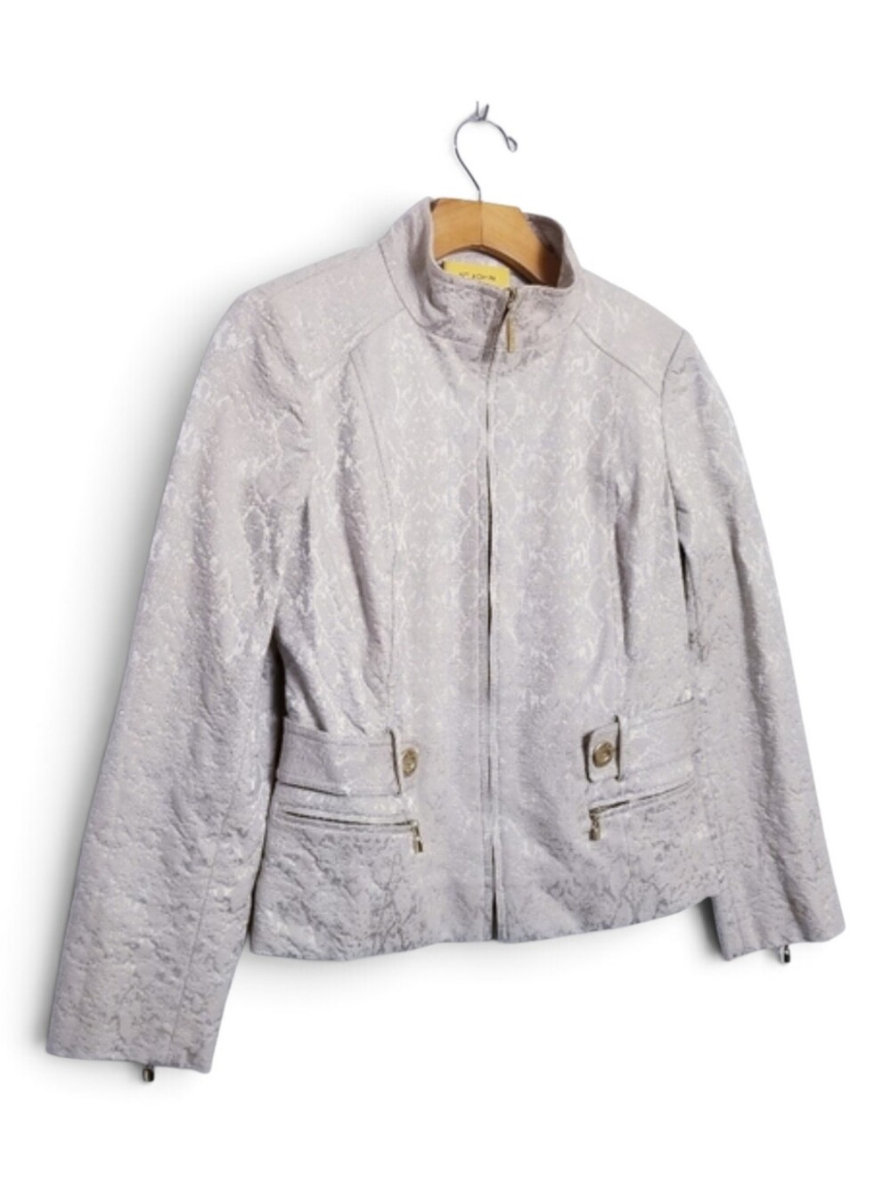 St John Evening Jacket Size 4 Champagne Metallic Brocade Gold Zip Blazer Elegant